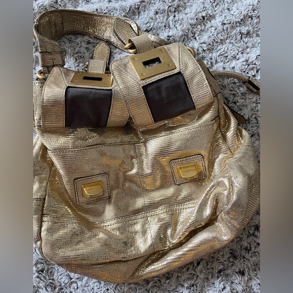 JUICY COUTURE Gold Leather Drawstring Animal Print Metallic Shoulder Bag Purse x - Picture 11 of 17